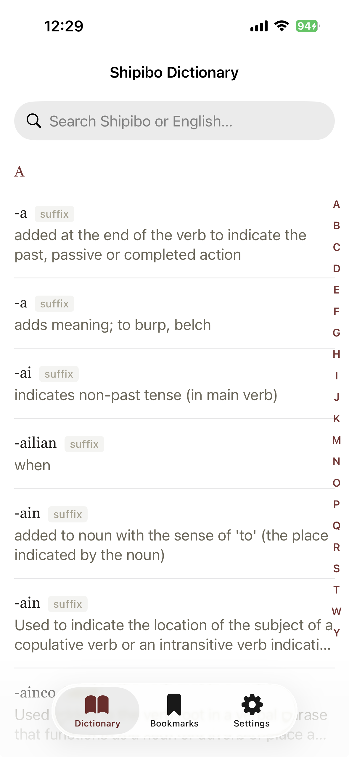 Shipibo Dictionary app showing dictionary entries with search, bookmarks, and settings